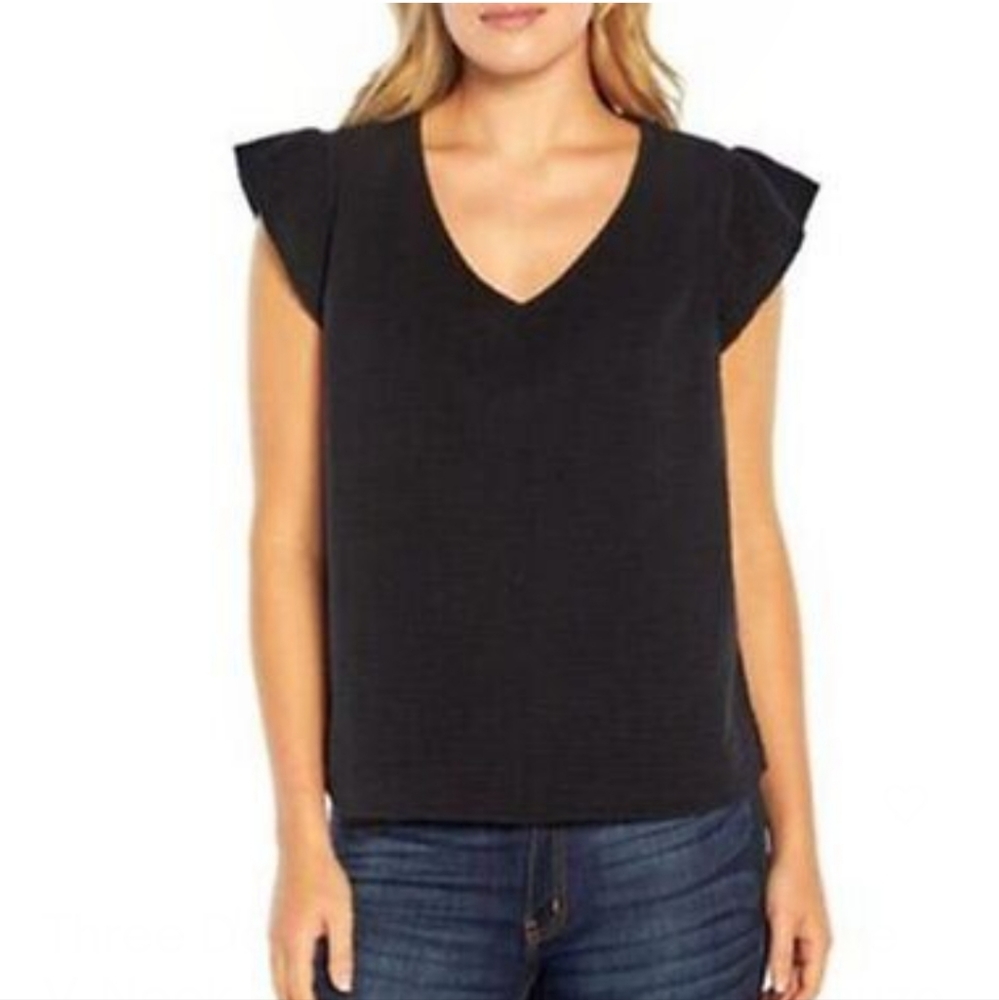 Three Dots Double Layer Gauze Short Sleeve Top Black Size Medium NWT